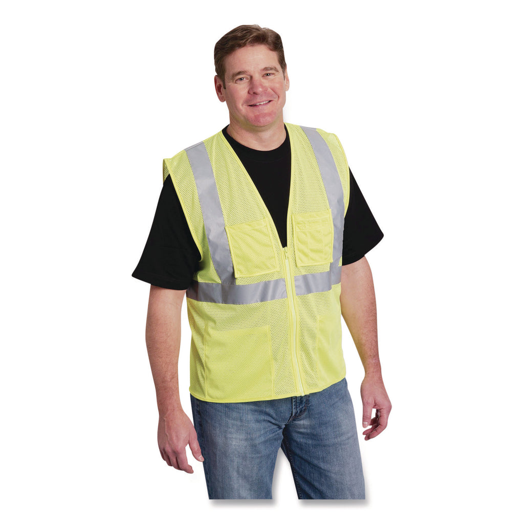 ANSI Class 2 Four Pocket Zipper Safety Vest, Polyester Mesh, Large, Hi-Viz Lime Yellow