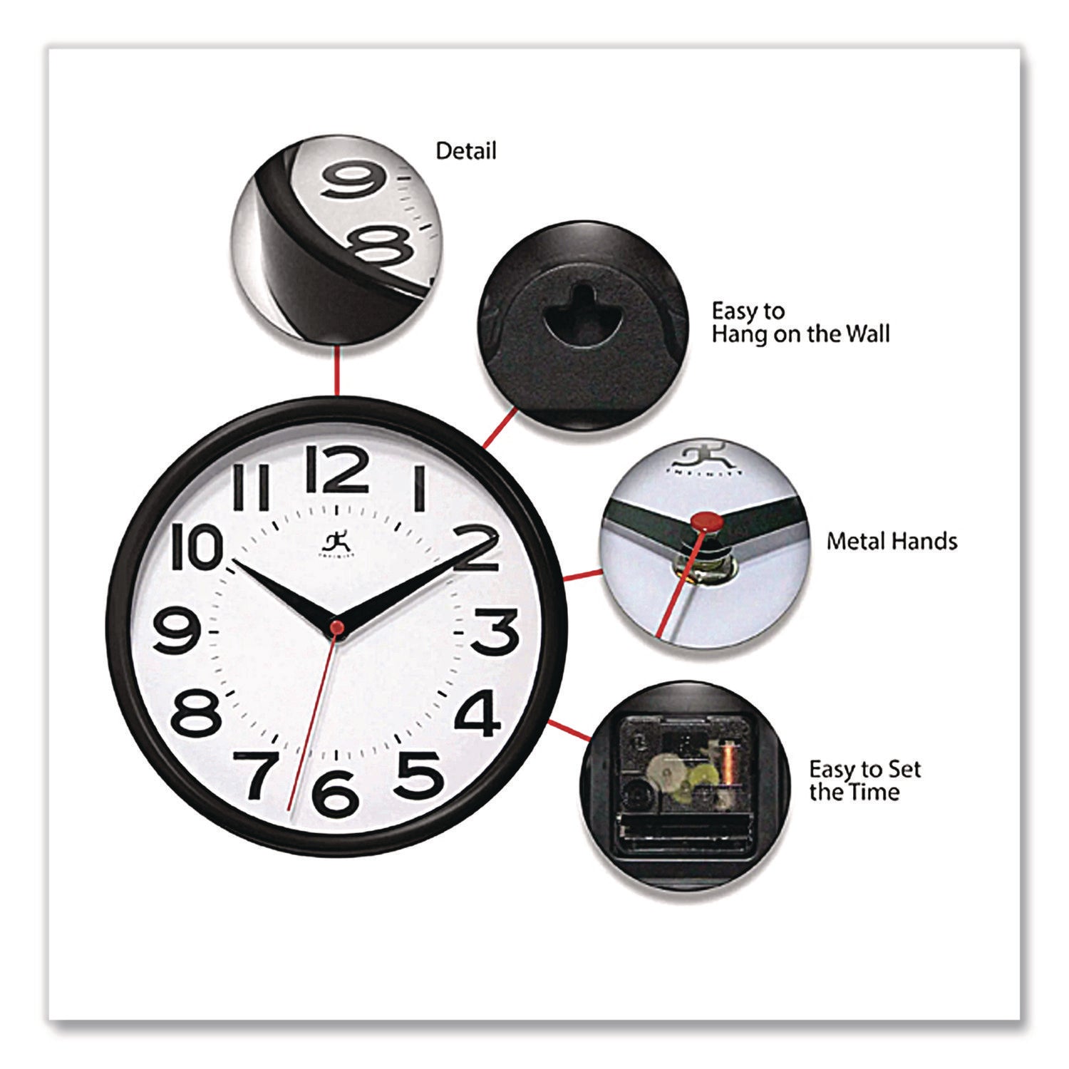 Metro Wall Clock, 9" Diameter, Black Case, 1 AA (sold separately)