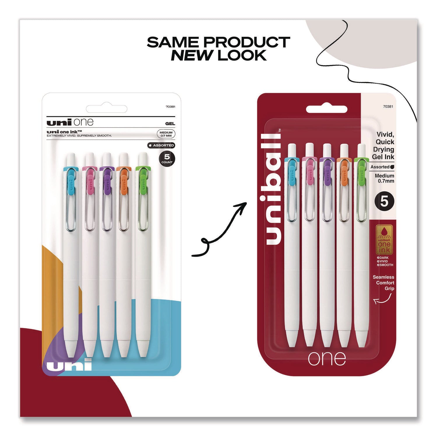 uniONE Gel Pen, Retractable, Medium 0.7 mm, Assorted Fashion Ink Colors, Assorted Barrel Colors, 5/Pack
