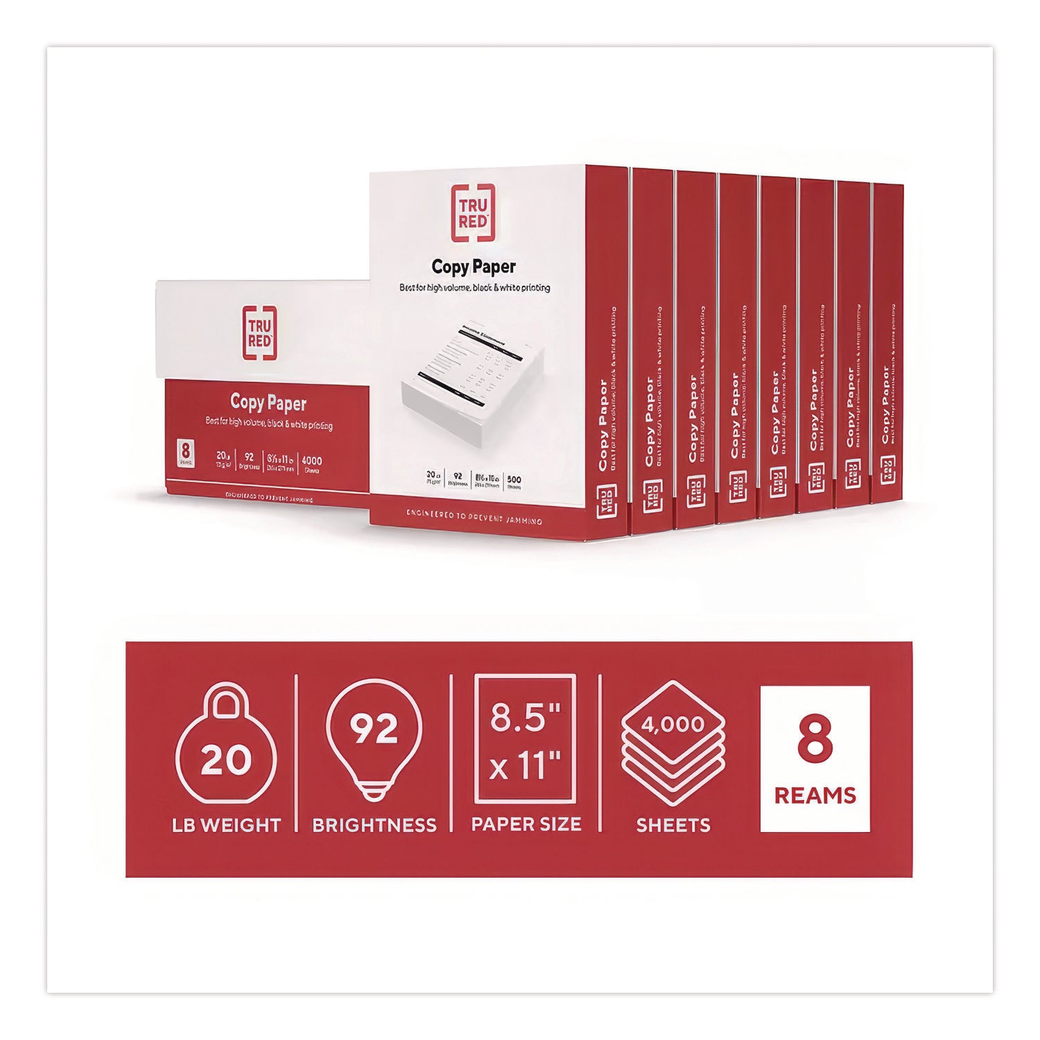 Copy Paper, 92 Bright, 20 lb Bond Weight, 8.5 x 11, 500 Sheets/Ream, 8 Reams/Carton