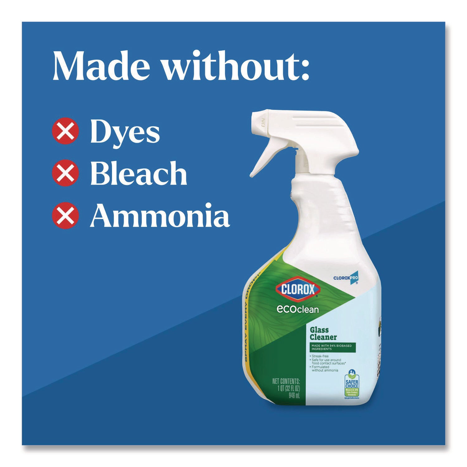 Clorox Pro EcoClean Glass Cleaner, Unscented, 32 oz Spray Bottle, 9/Carton