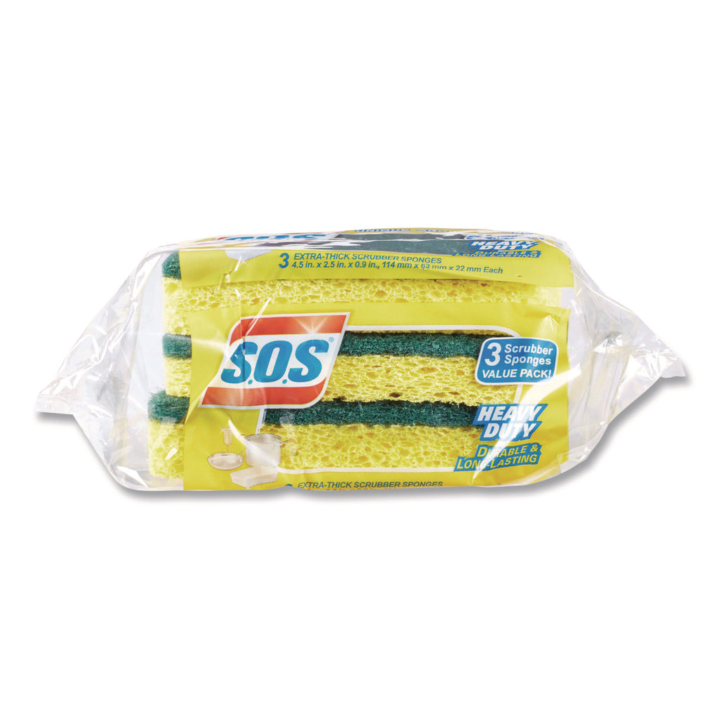 Heavy Duty Scrubber Sponge, 2.5 x 4.5, 0.9" Thick, Yellow/Green, 3/Pack, 8 Packs/Carton