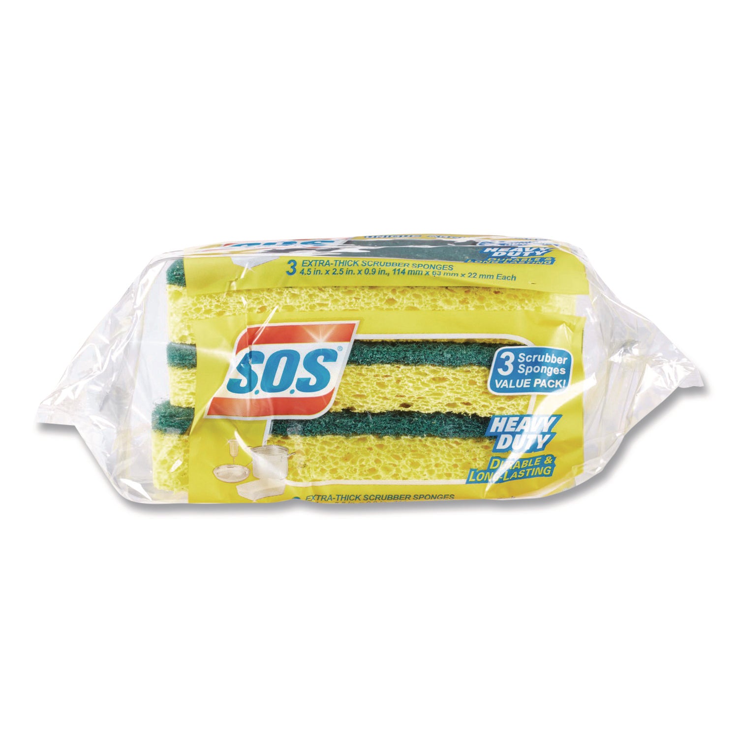 Heavy Duty Scrubber Sponge, 2.5 x 4.5, 0.9" Thick, Yellow/Green, 3/Pack, 8 Packs/Carton