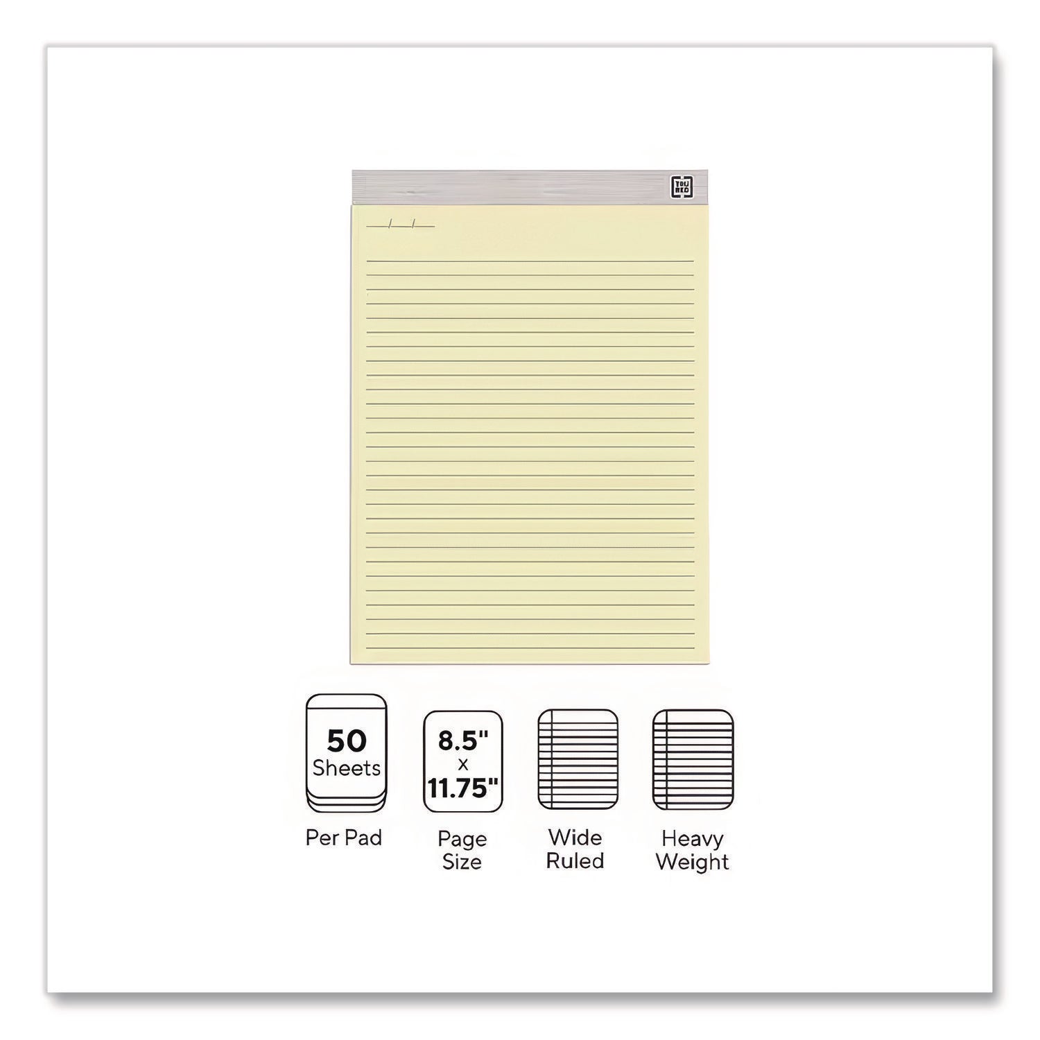 Notepads, Wide/Legal Rule, 50 Canary-Yellow 8.5 x 11.75 Sheets, 12/Pack