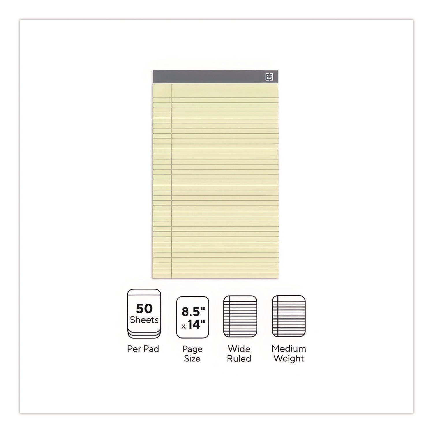 Notepads, Wide/Legal Rule, 50 Canary-Yellow 8.5 x 14 Sheets, 12/Pack