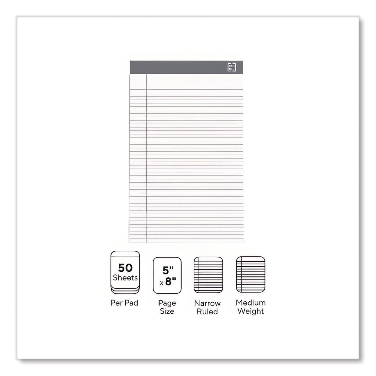 Notepads, Narrow Rule, 50 White 5 x 8 Sheets, 12/Pack