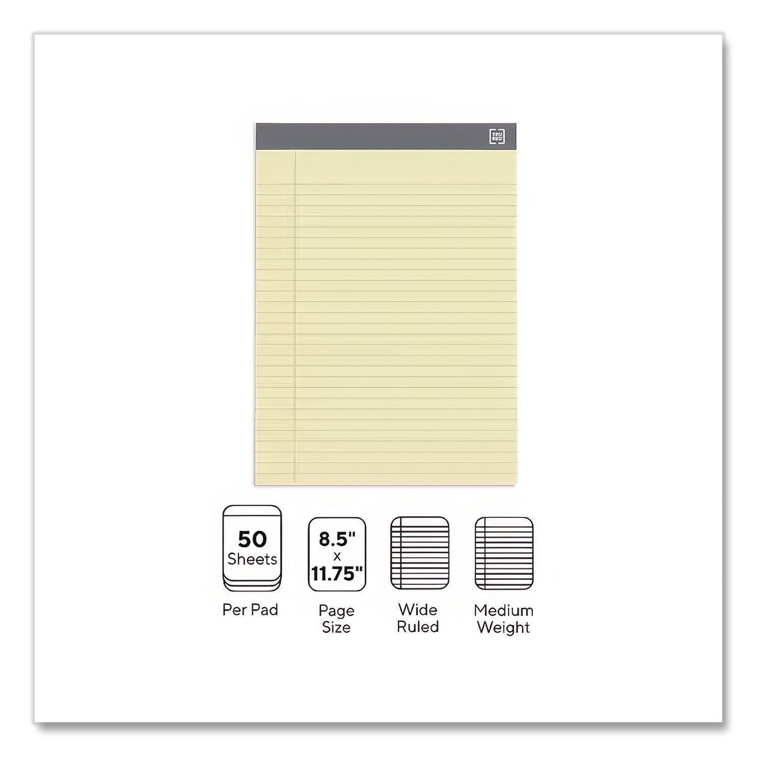 Notepads, Wide/Legal Rule, 50 Canary-Yellow 8.5 x 11.75 Sheets, 12/Pack