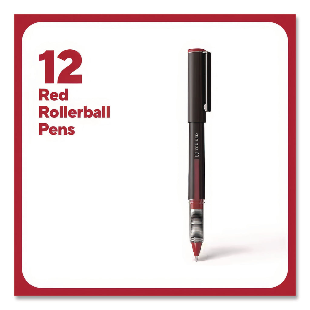 Roller Ball Pen, Stick, Fine 0.5 mm, Red Ink, Black/Red/Clear Barrel, Dozen