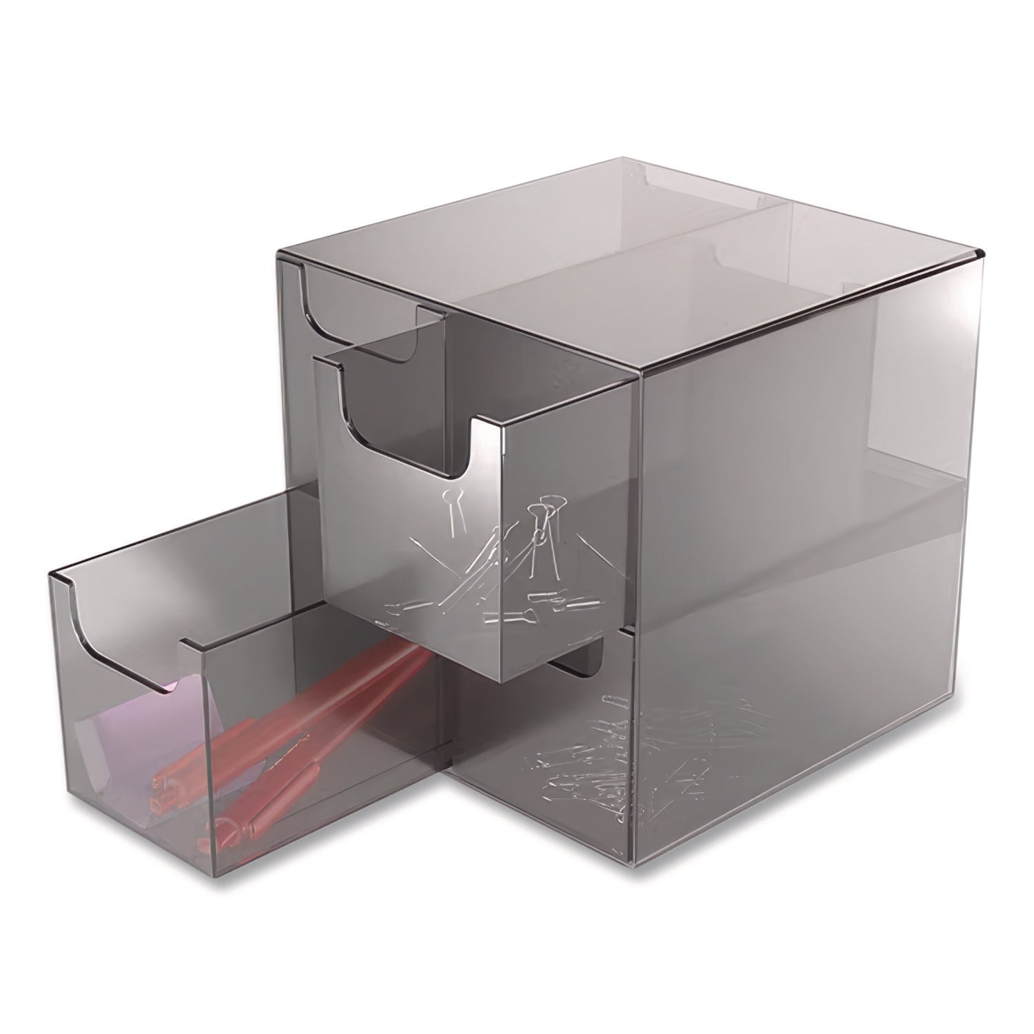 Plastic Cube Desktop Organizer, 4 Compartments, 6 x 6 x 6, Smoke