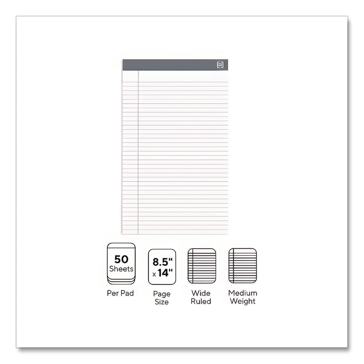 Notepads, Wide/Legal Rule, 50 White 8.5 x 14 Sheets, 12/Pack