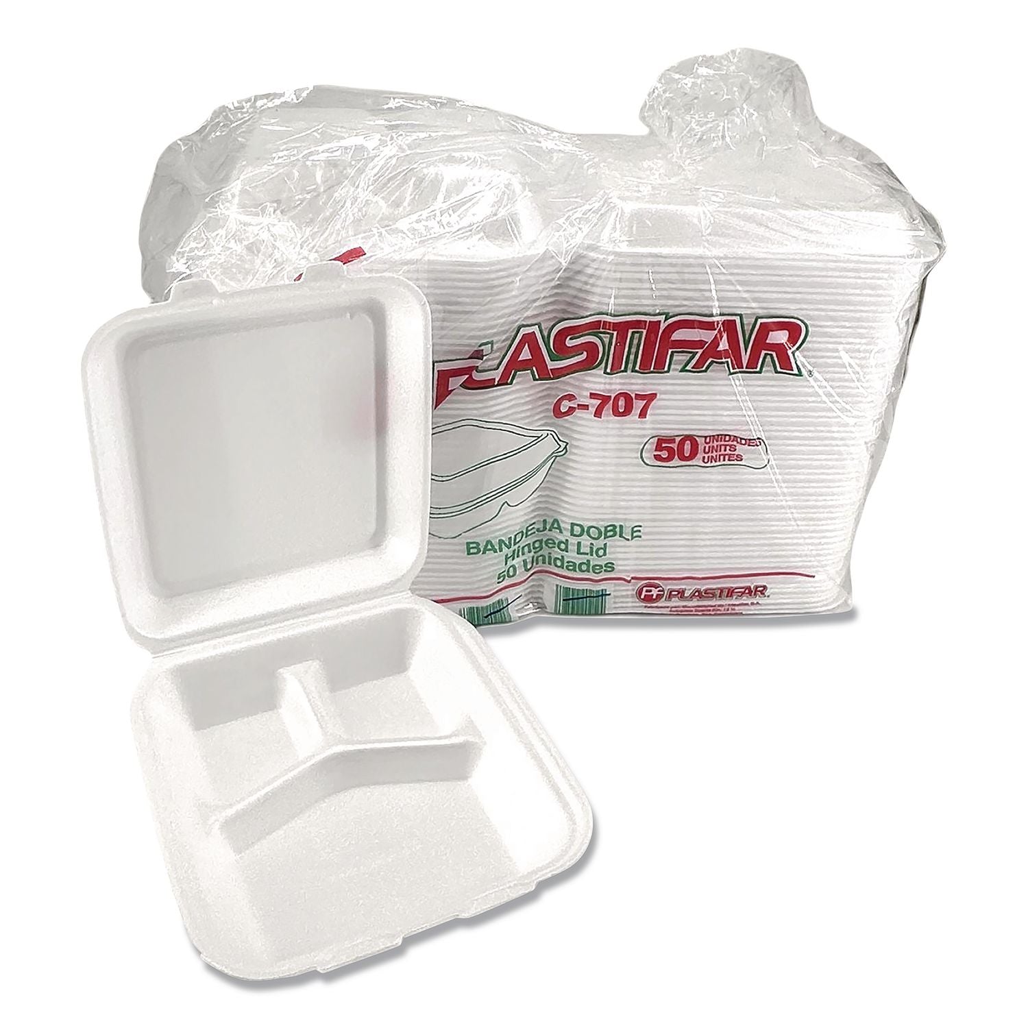 Hinged Food Container, Three-Compartment, 7 X 7, White, 200/carton