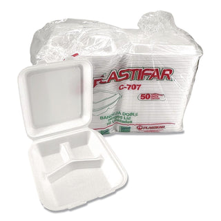 Hinged Food Container, Three-Compartment, 7 X 7, White, 200/carton