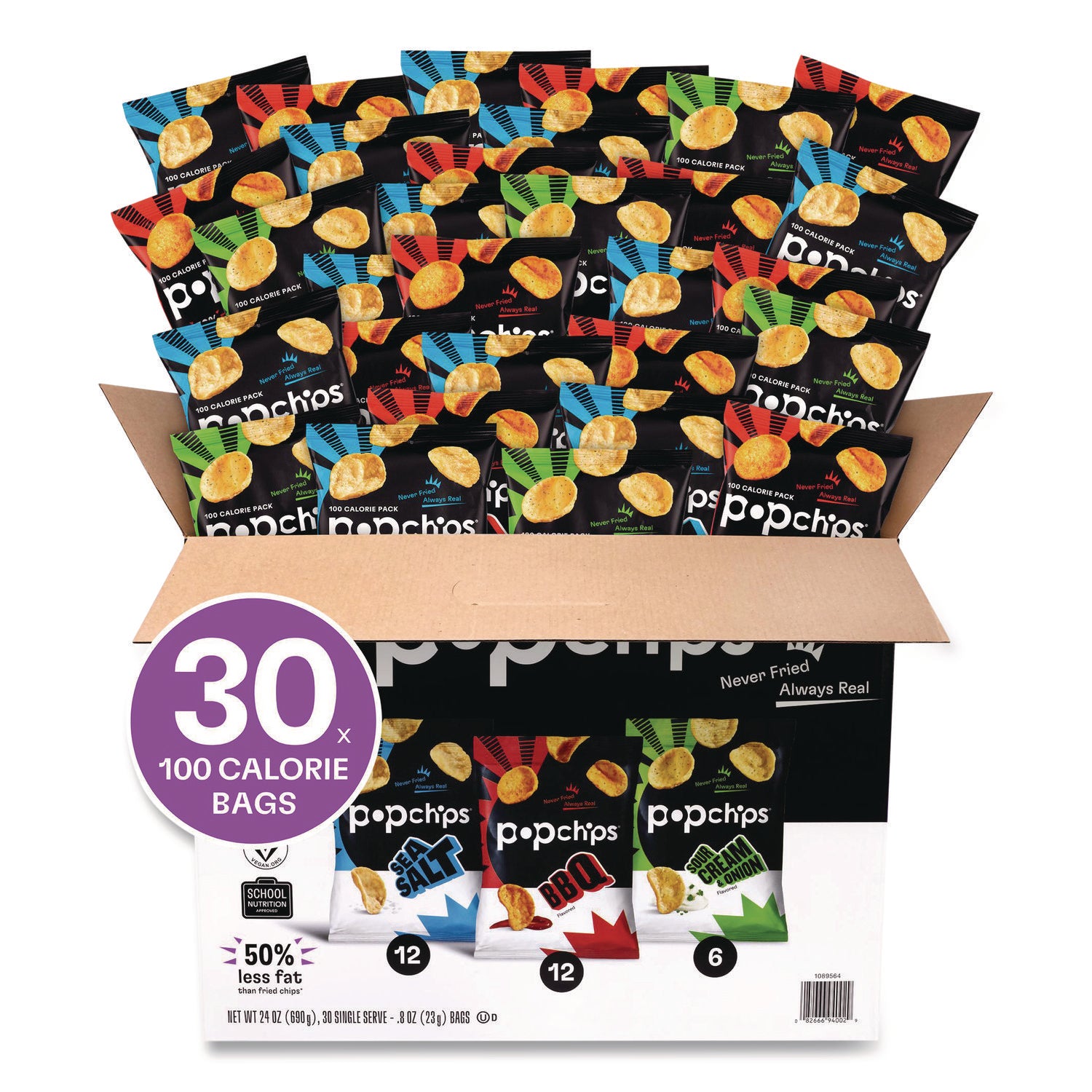 Potato Chips, Variety Pack, Barbeque, Sea Salt, Sour Cream and Onion, 0.8 oz Bag, 30/Pack, Ships in 1-3 Business Days