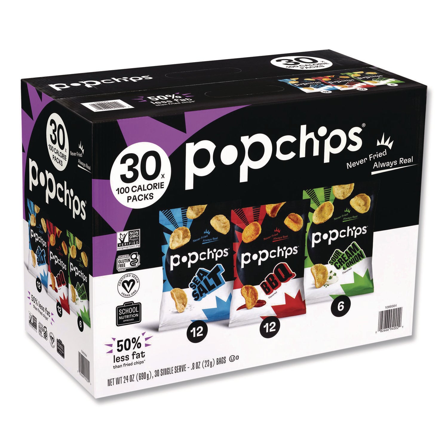 Potato Chips, Variety Pack, Barbeque, Sea Salt, Sour Cream and Onion, 0.8 oz Bag, 30/Pack, Ships in 1-3 Business Days