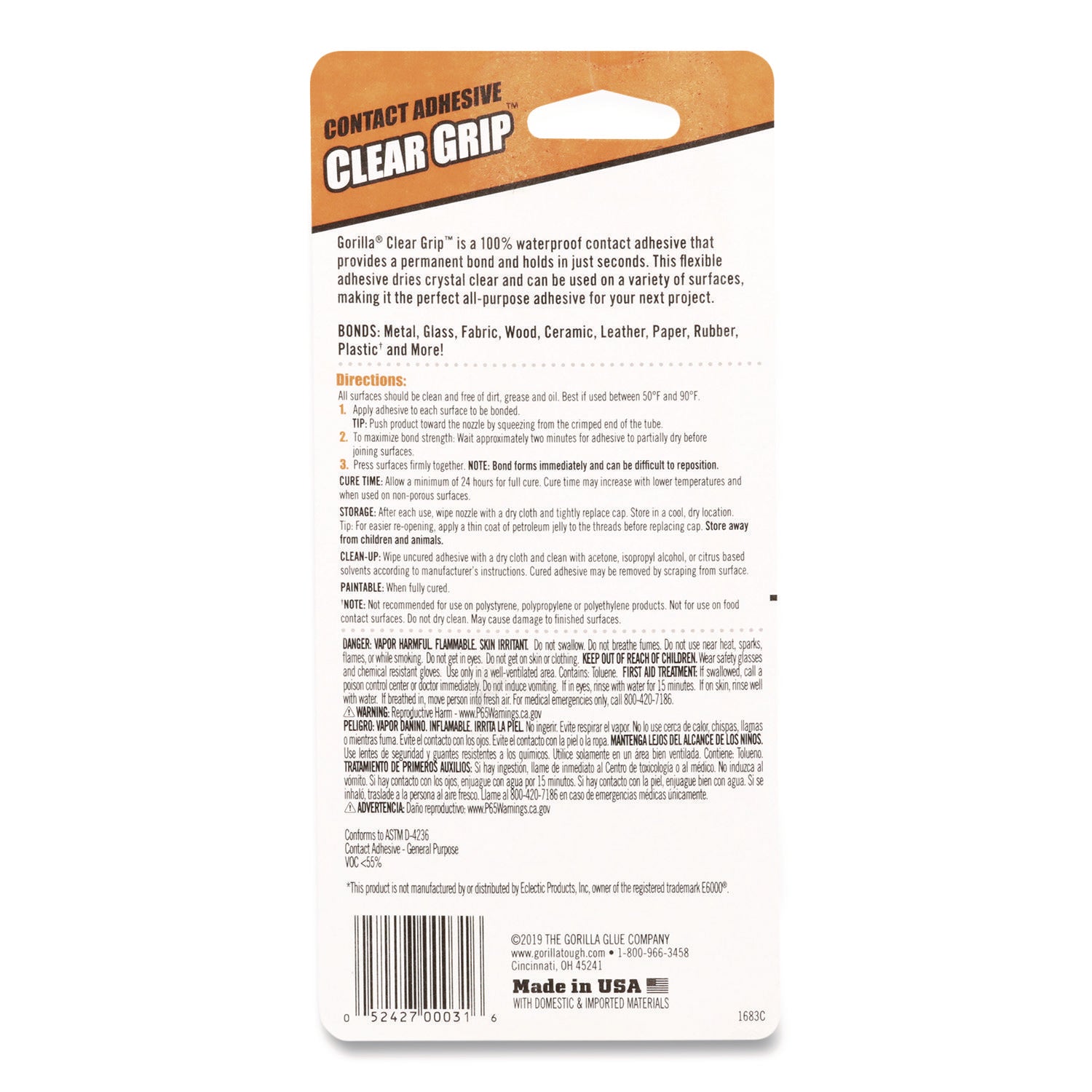 Gorilla Clear Grip Contact Adhesive - 3 fl oz - 1 Each - Clear
