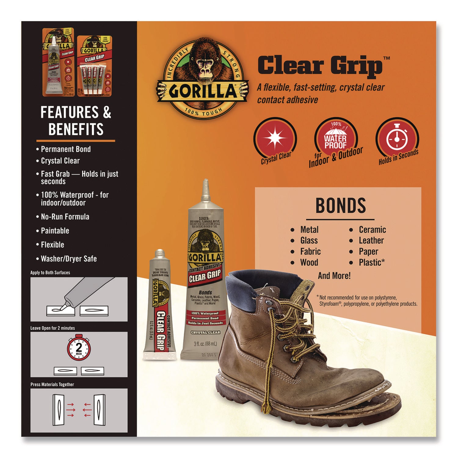 Gorilla Clear Grip Contact Adhesive - 3 fl oz - 1 Each - Clear