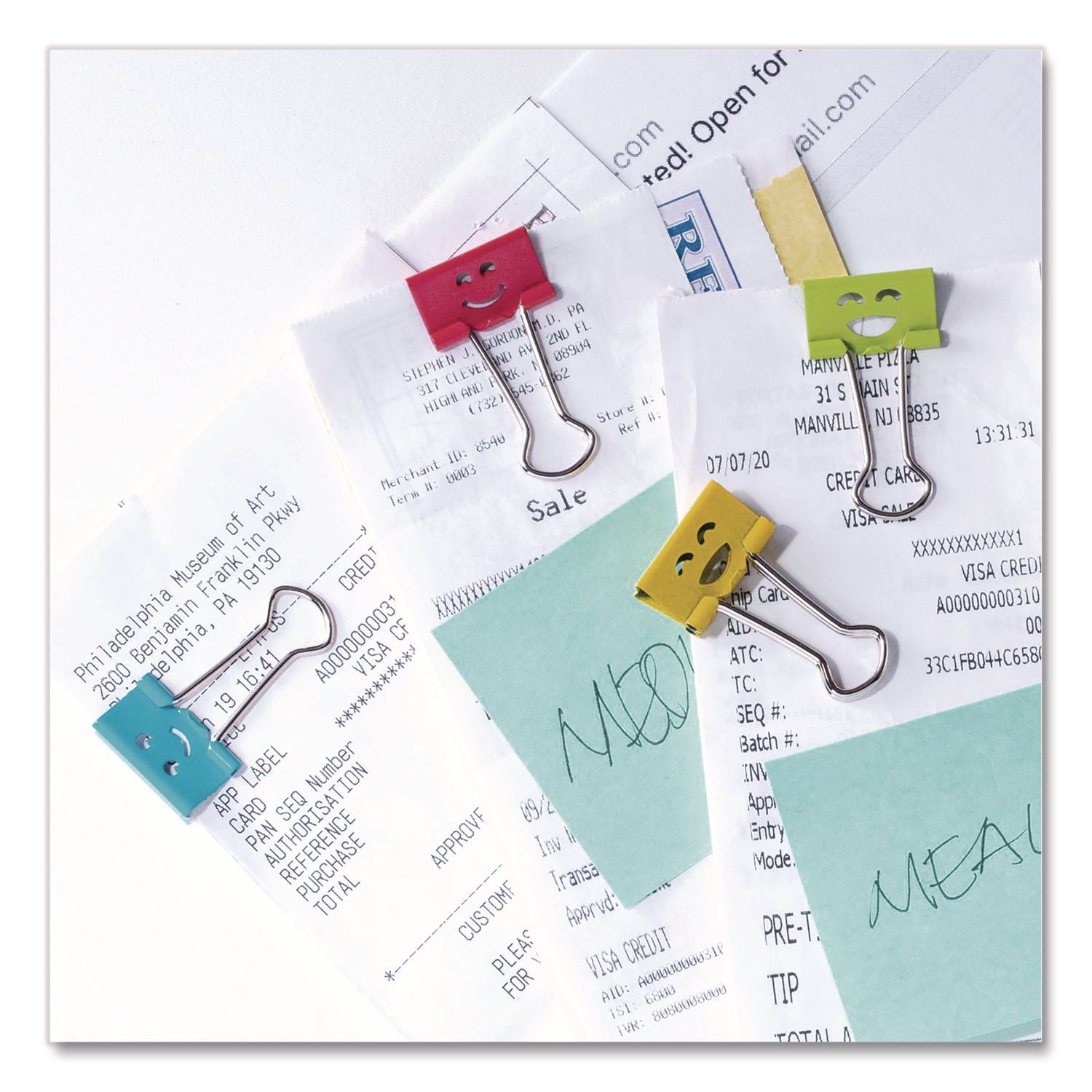Officemate Smiling Faces Binder Clips - Small - 2.9" Length x 0.8" Width - 0.38" Size Capacity - Foldable, Removable Handle - 42 / Bag - Green, Red, White, Yellow