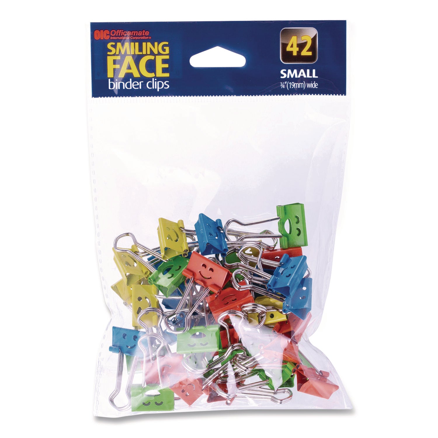 Officemate Smiling Faces Binder Clips - Small - 2.9" Length x 0.8" Width - 0.38" Size Capacity - Foldable, Removable Handle - 42 / Bag - Green, Red, White, Yellow