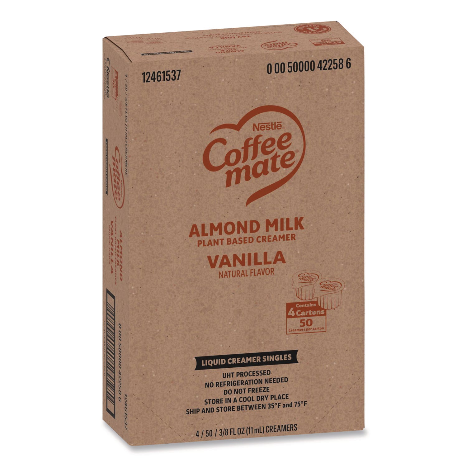 Plant-Based Almond Milk Non-Dairy Liquid Creamer Singles, Natural Vanilla, 0.38 oz Tubs, 200/Carton