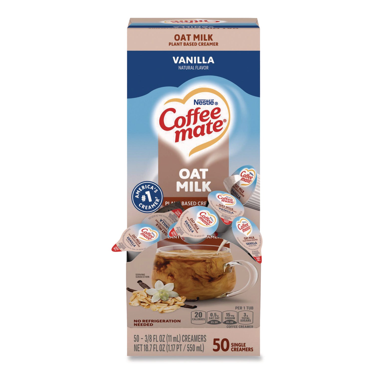 Plant-Based Oat Milk Liquid Creamers, Natural Vanilla, 0.38 oz Mini Cups, 50/Box