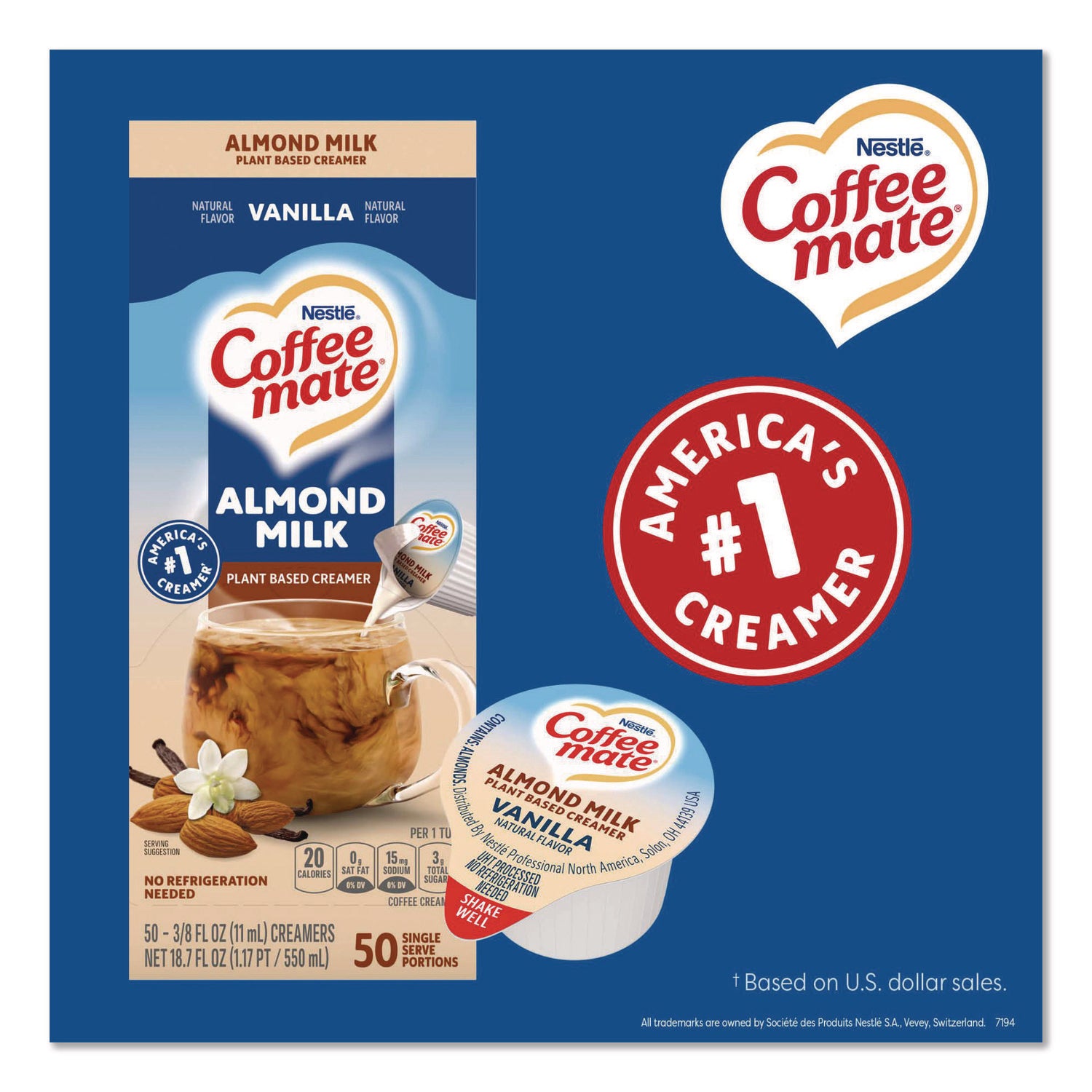 Plant-Based Almond Milk Non-Dairy Liquid Creamer Singles, Natural Vanilla, 0.38 oz Tubs, 50/Box