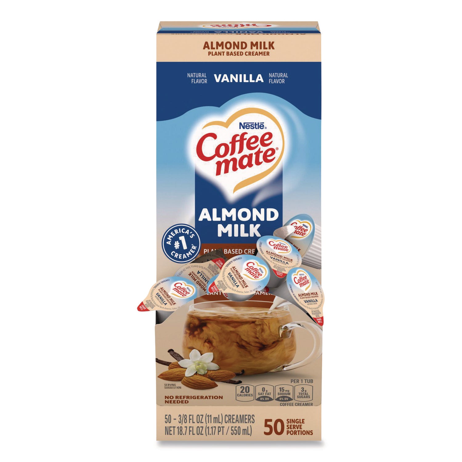 Plant-Based Almond Milk Non-Dairy Liquid Creamer Singles, Natural Vanilla, 0.38 oz Tubs, 50/Box
