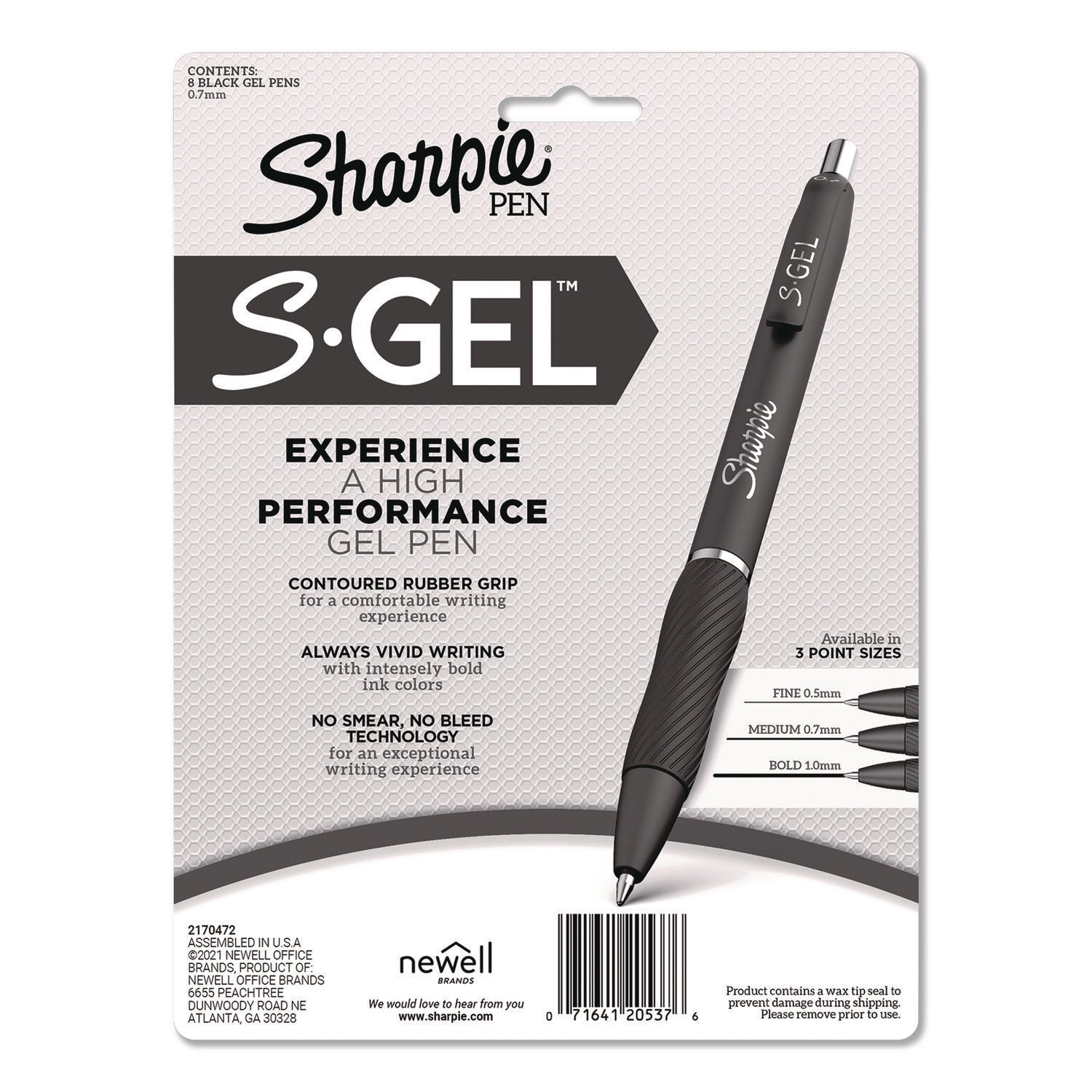 Sharpie S-Gel Pens - Medium Pen Point - 0.7 mm Pen Point Size - Black Gel-based Ink - White Metal Barrel - 8 / Pack
