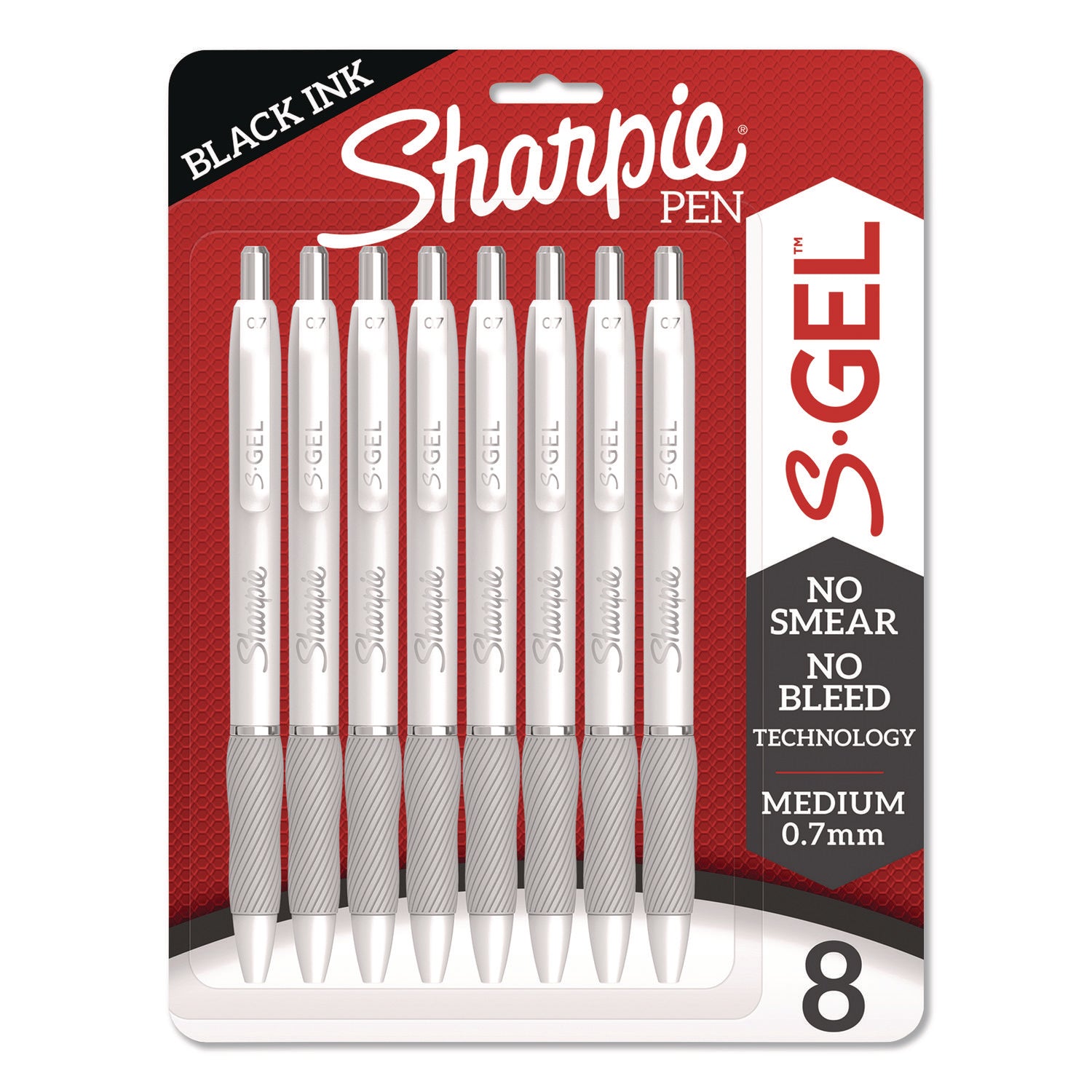 Sharpie S-Gel Pens - Medium Pen Point - 0.7 mm Pen Point Size - Black Gel-based Ink - White Metal Barrel - 8 / Pack