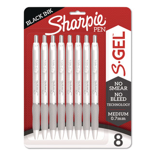 Sharpie S-Gel Pens - Medium Pen Point - 0.7 mm Pen Point Size - Black Gel-based Ink - White Metal Barrel - 8 / Pack
