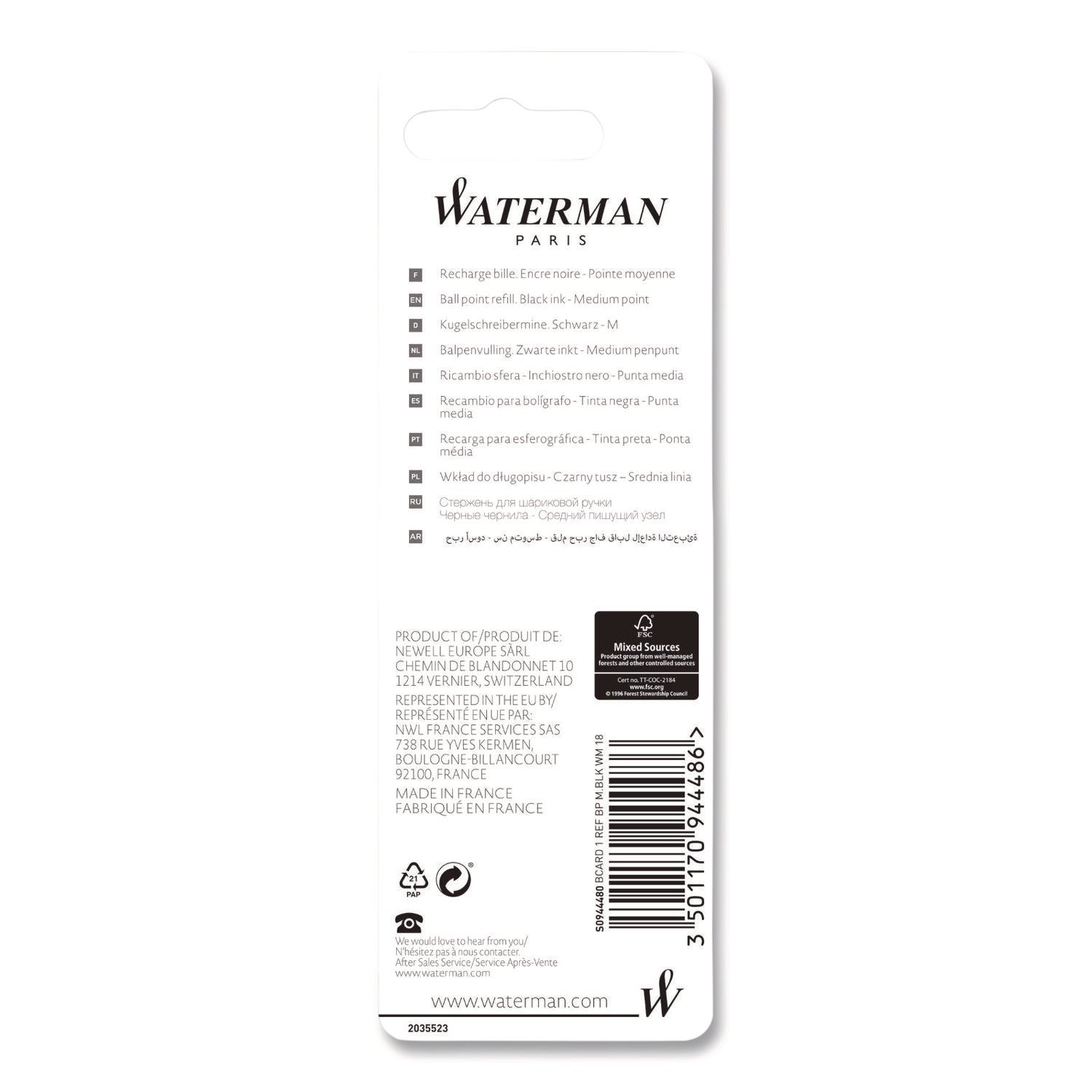 Refill for Waterman Ballpoint Pens, Medium Conical Tip, Black Ink