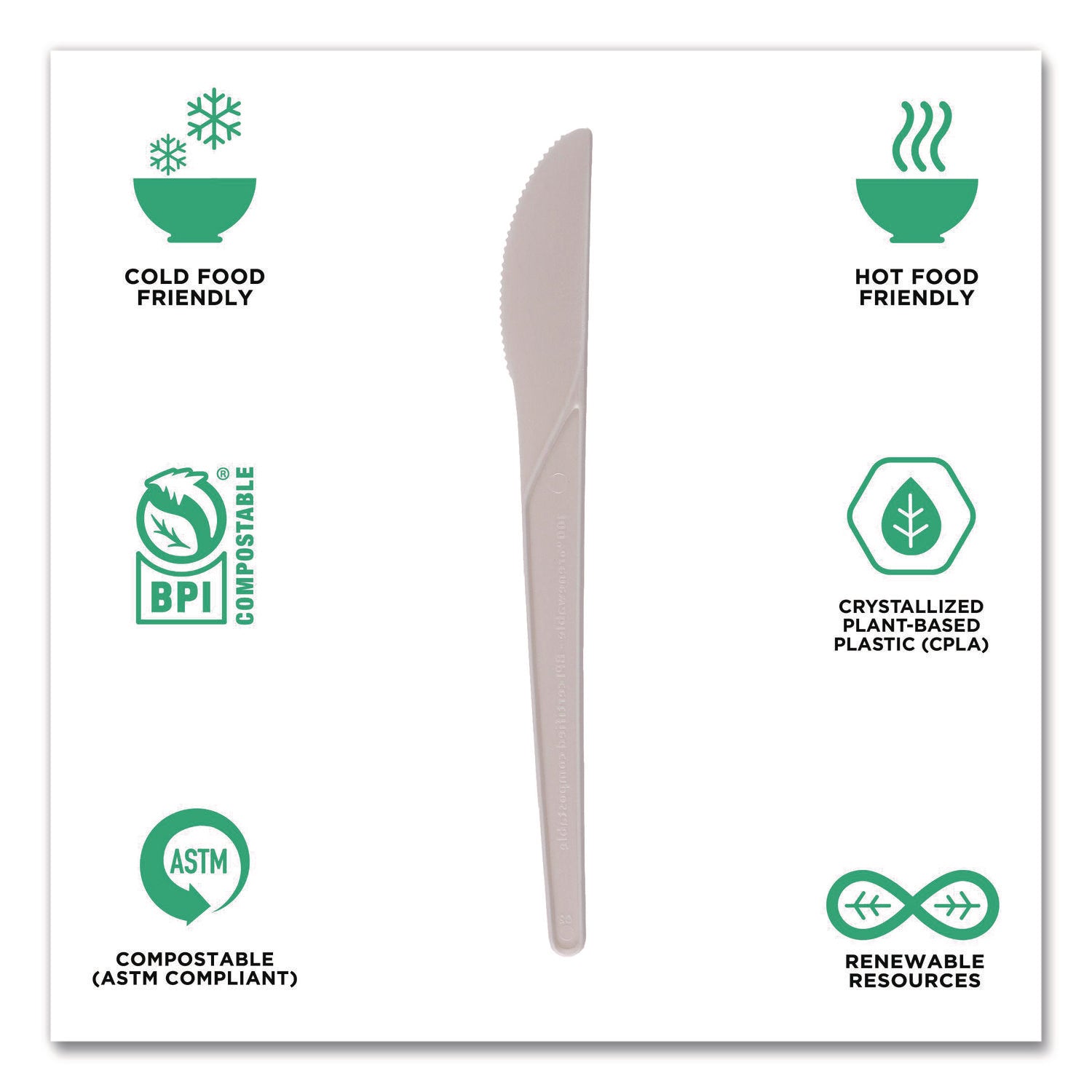 Plantware Compostable Cutlery, Knife, 6", Pearl White, 50/Pack, 20 Pack/Carton