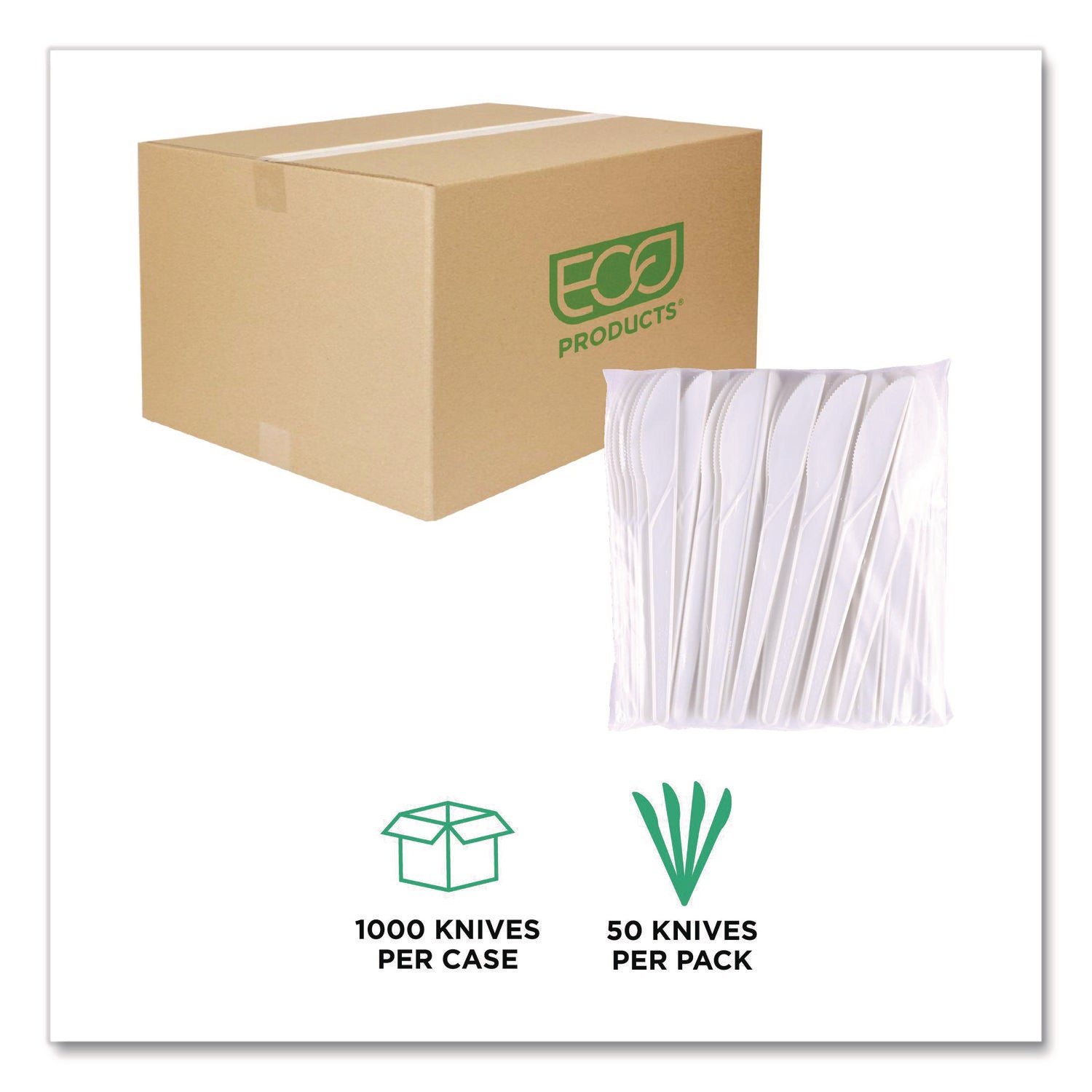 Plantware Compostable Cutlery, Knife, 6", Pearl White, 50/Pack, 20 Pack/Carton