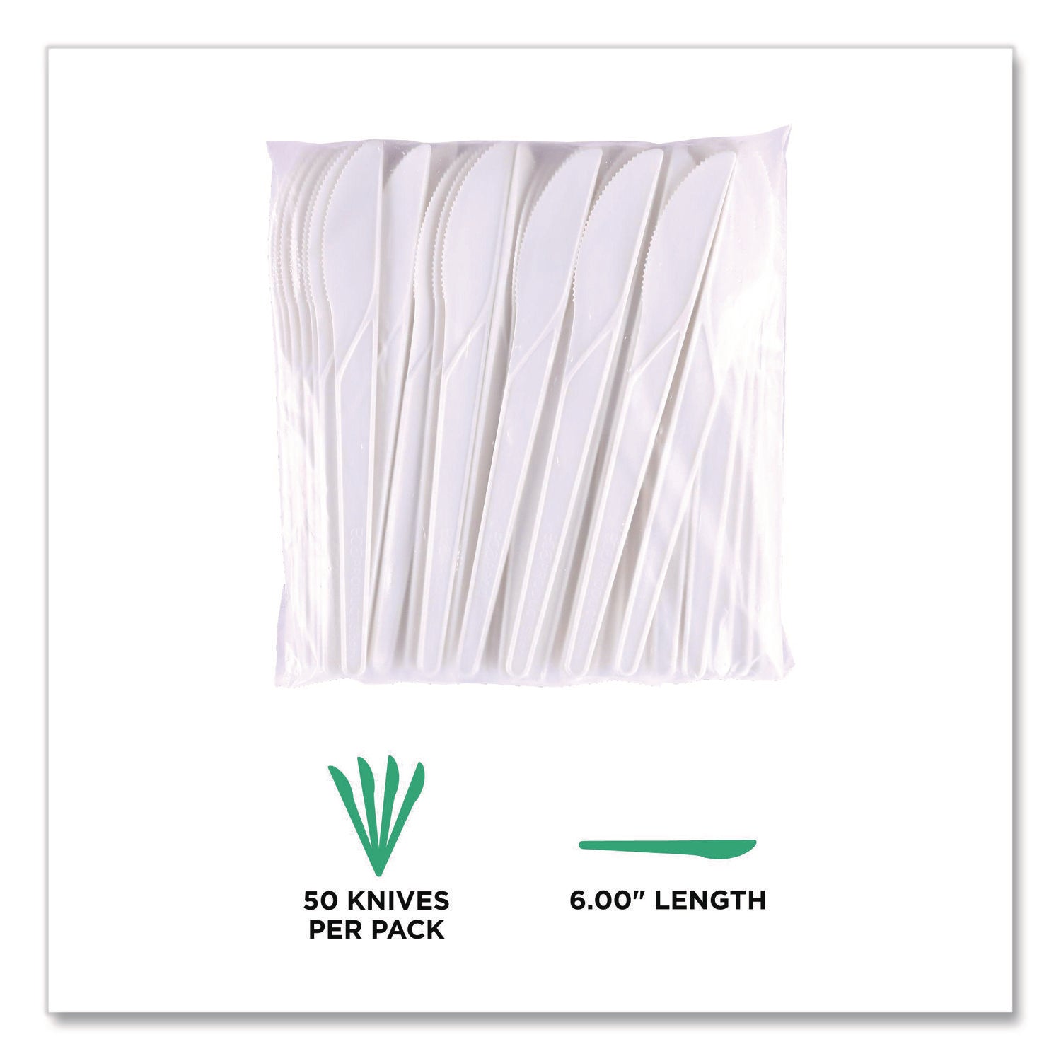 Plantware Compostable Cutlery, Knife, 6", Pearl White, 50/Pack, 20 Pack/Carton