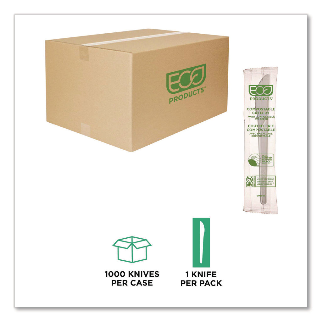Plantware Compostable Cutlery, Knife, 6", White, 1,000/Carton