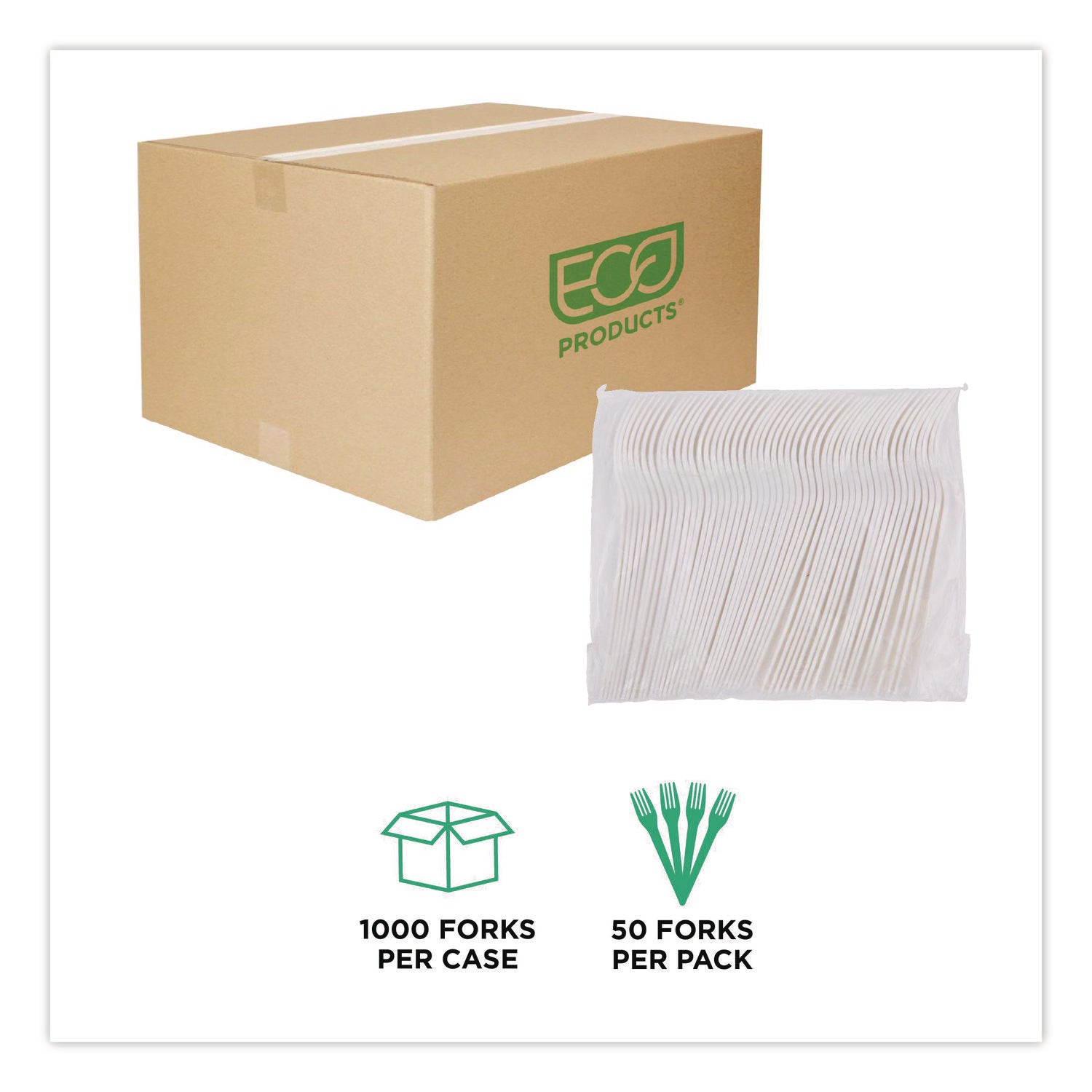 Plantware Compostable Cutlery, Fork, 6", Pearl White, 50/Pack, 20 Pack/Carton