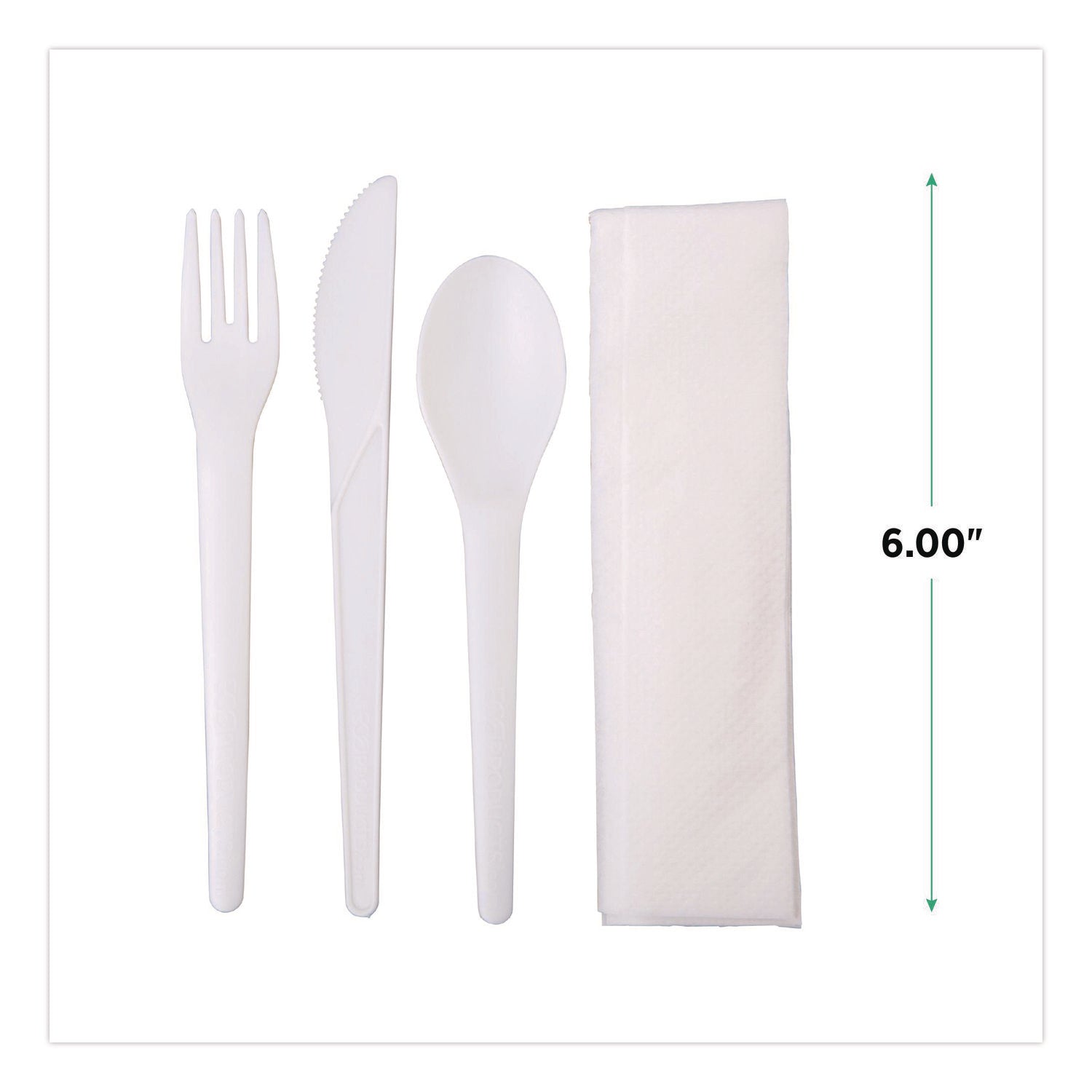 Plantware Compostable Cutlery Kit, Knife/Fork/Spoon/Napkin, 6", Pearl White, 250 Kits/Carton