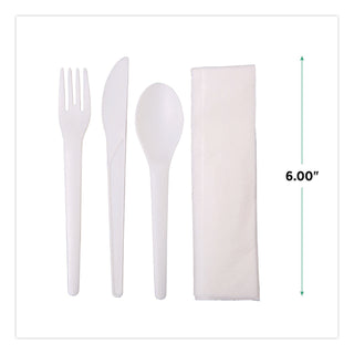 Plantware Compostable Cutlery Kit, Knife/Fork/Spoon/Napkin, 6", Pearl White, 250 Kits/Carton