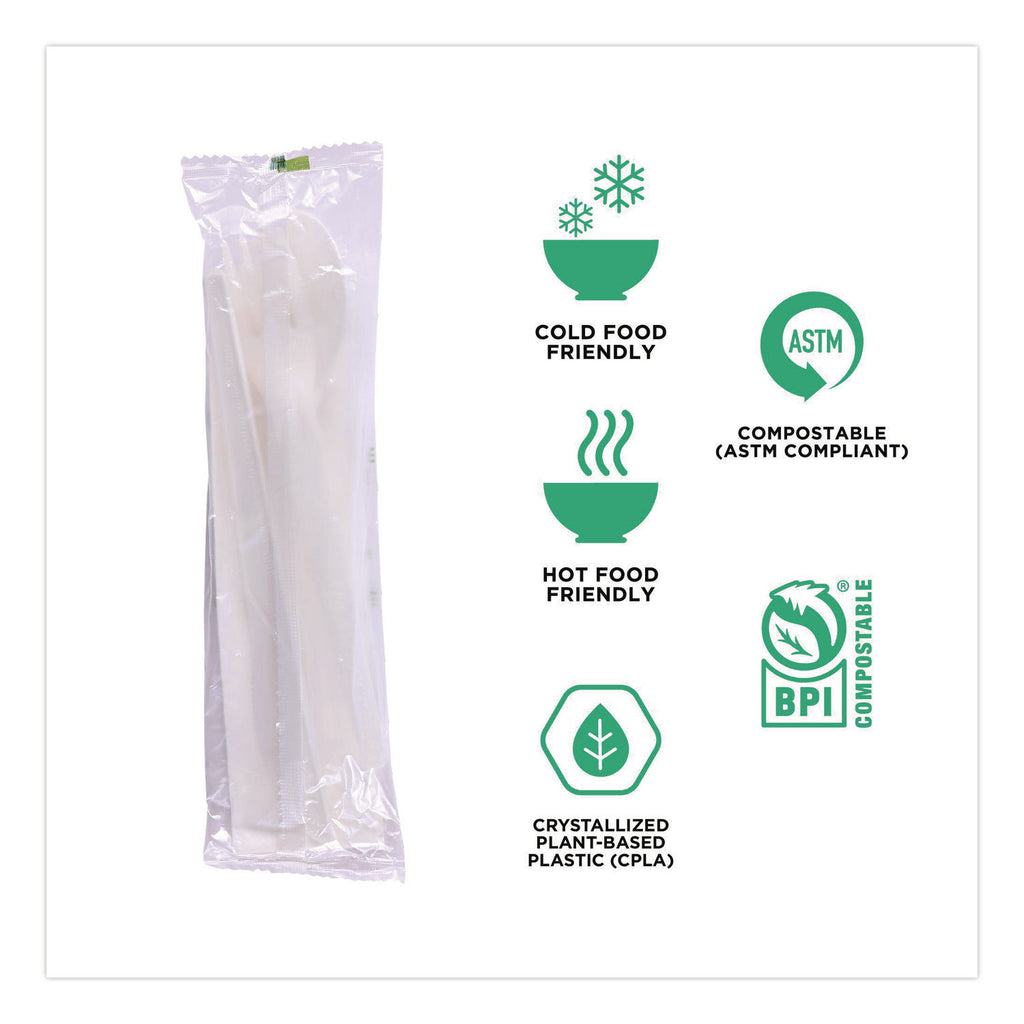 Plantware Compostable Cutlery Kit, Knife/Fork/Spoon/Napkin, 6", Pearl White, 250 Kits/Carton