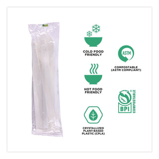 Plantware Compostable Cutlery Kit, Knife/Fork/Spoon/Napkin, 6", Pearl White, 250 Kits/Carton