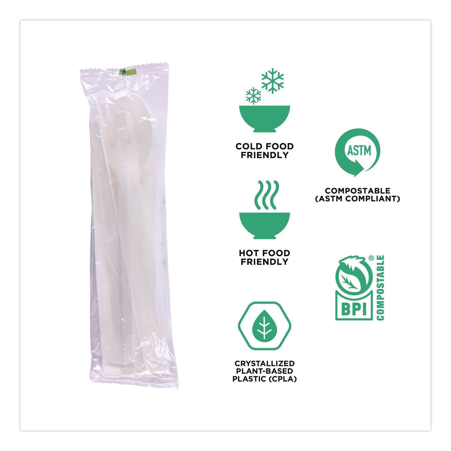 Plantware Compostable Cutlery Kit, Knife/Fork/Spoon/Napkin, 6", Pearl White, 250 Kits/Carton