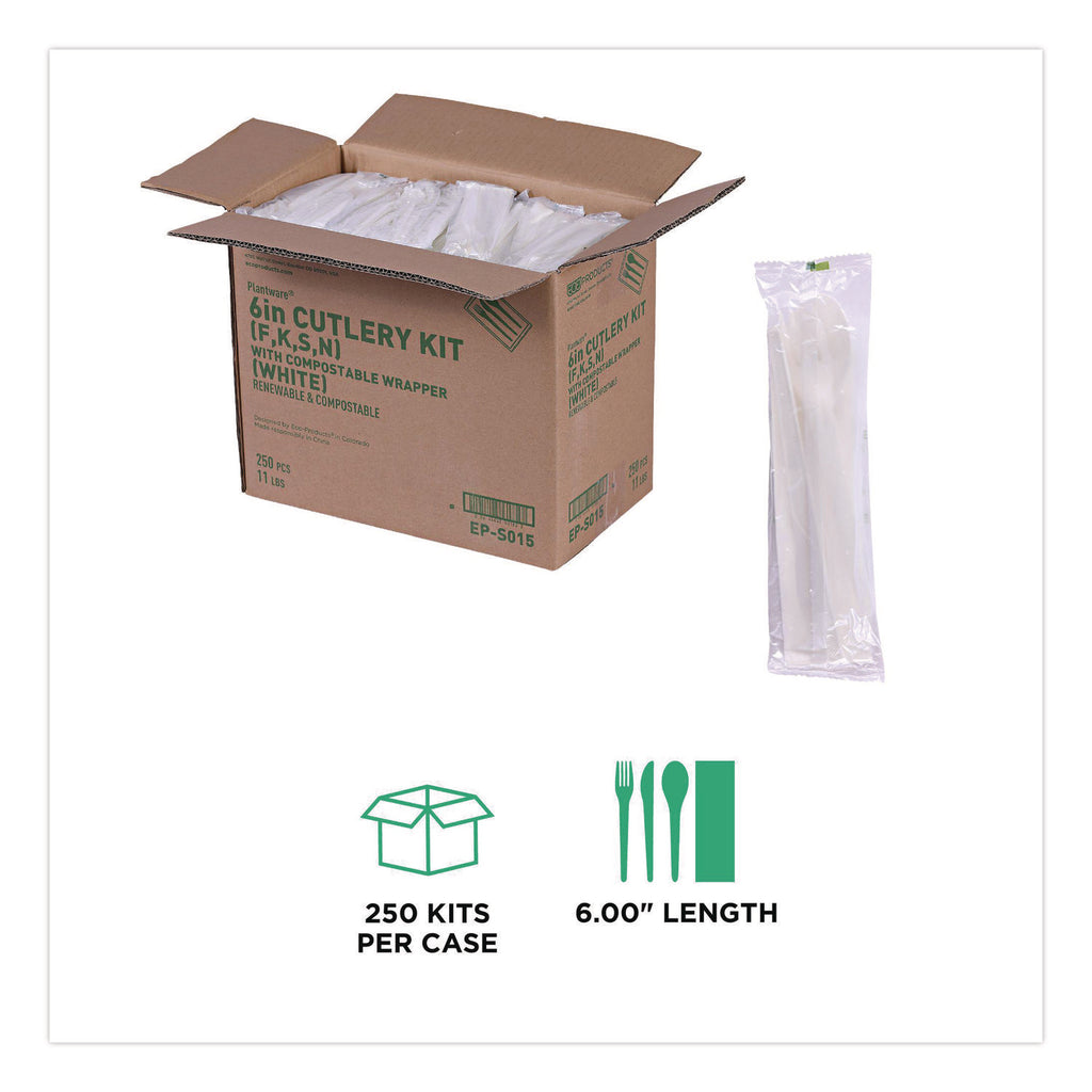 Plantware Compostable Cutlery Kit, Knife/Fork/Spoon/Napkin, 6", Pearl White, 250 Kits/Carton