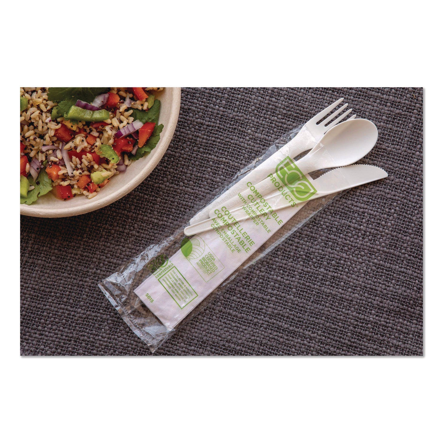 Plantware Compostable Cutlery Kit, Knife/Fork/Spoon/Napkin, 6", Pearl White, 250 Kits/Carton