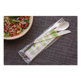 Plantware Compostable Cutlery Kit, Knife/Fork/Spoon/Napkin, 6", Pearl White, 250 Kits/Carton