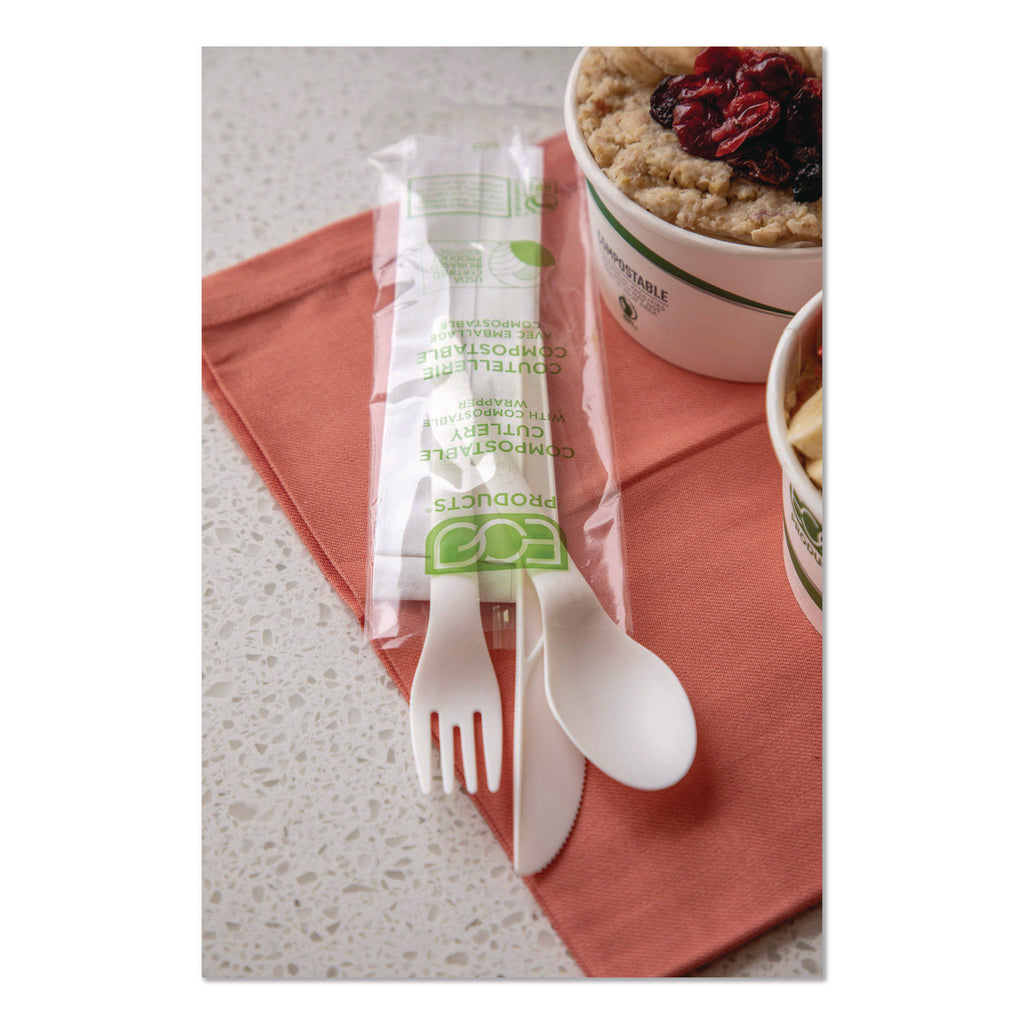Plantware Compostable Cutlery Kit, Knife/Fork/Spoon/Napkin, 6", Pearl White, 250 Kits/Carton