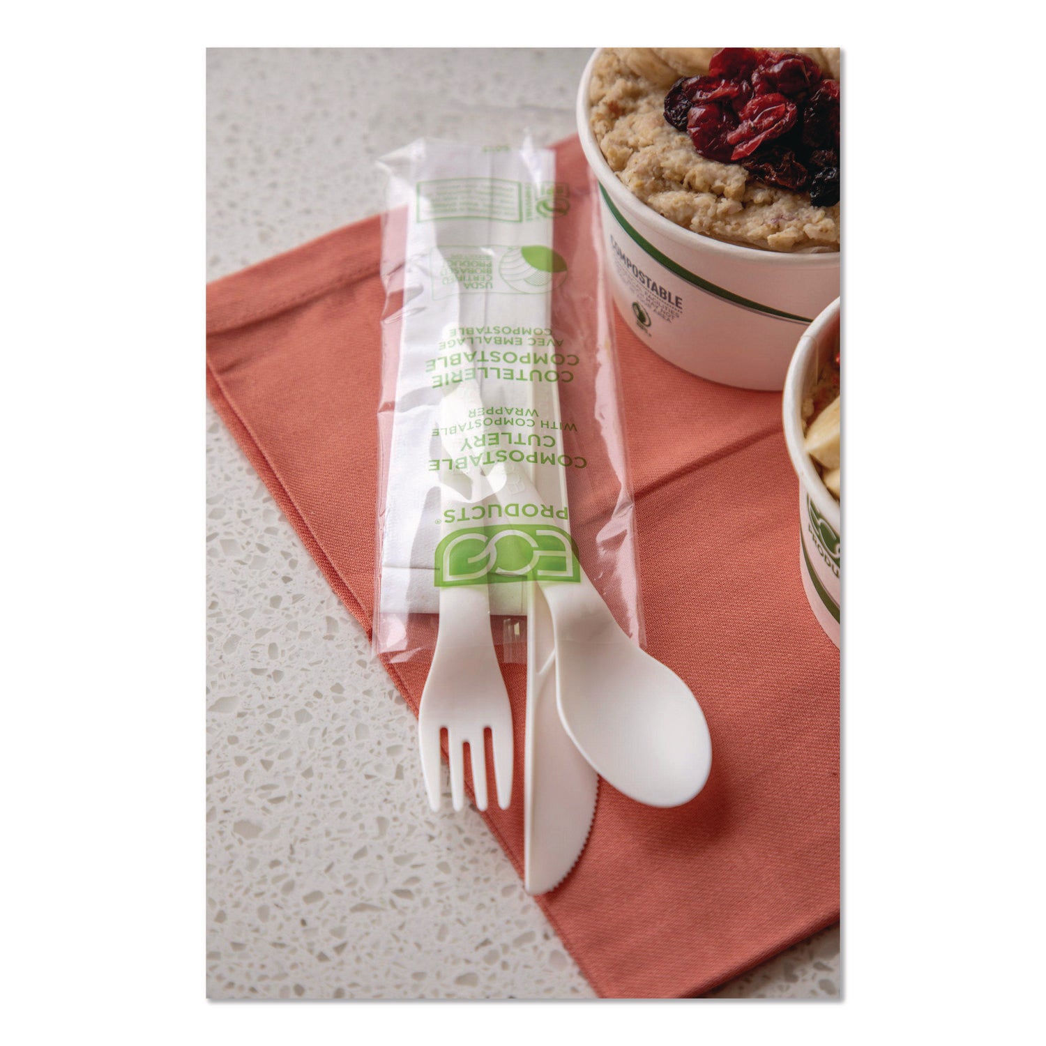 Plantware Compostable Cutlery Kit, Knife/Fork/Spoon/Napkin, 6", Pearl White, 250 Kits/Carton