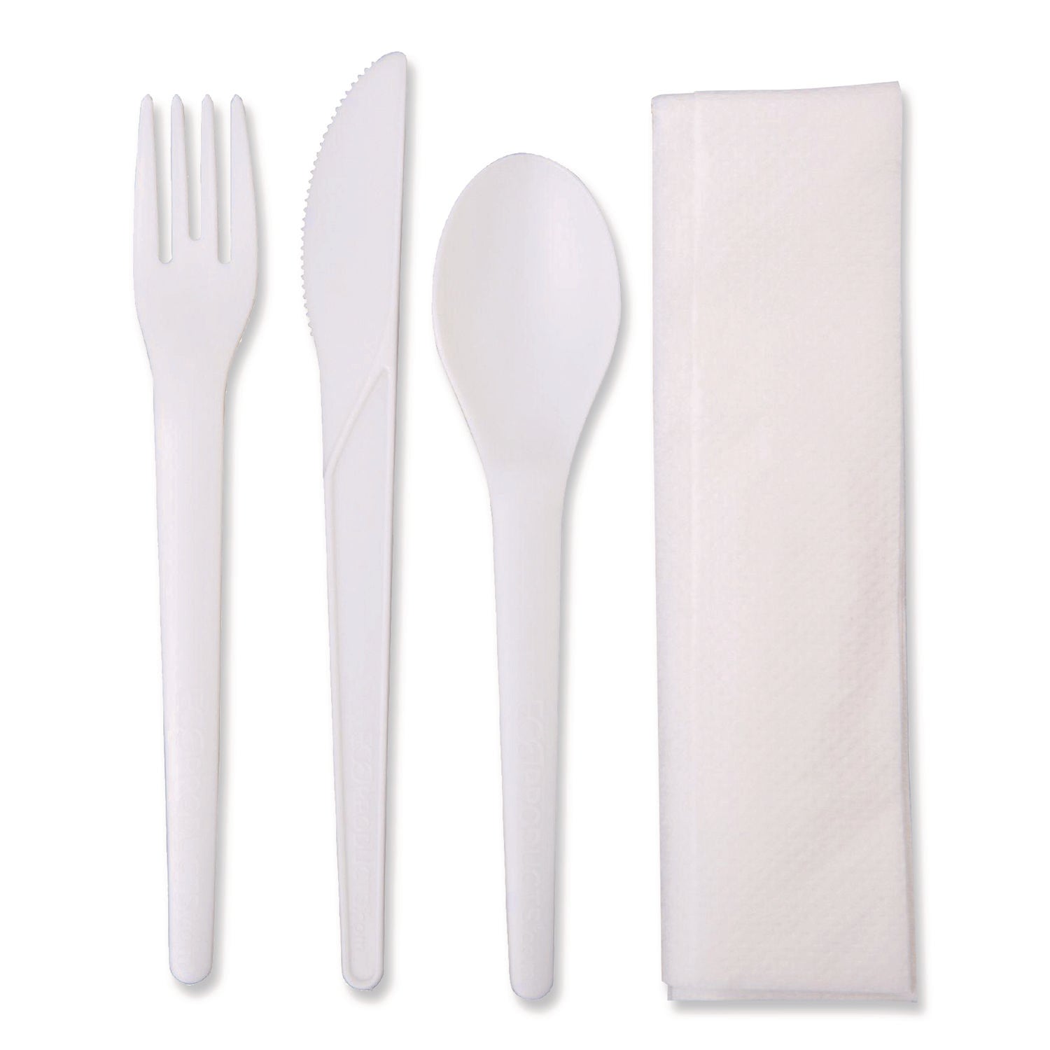 Plantware Compostable Cutlery Kit, Knife/Fork/Spoon/Napkin, 6", Pearl White, 250 Kits/Carton