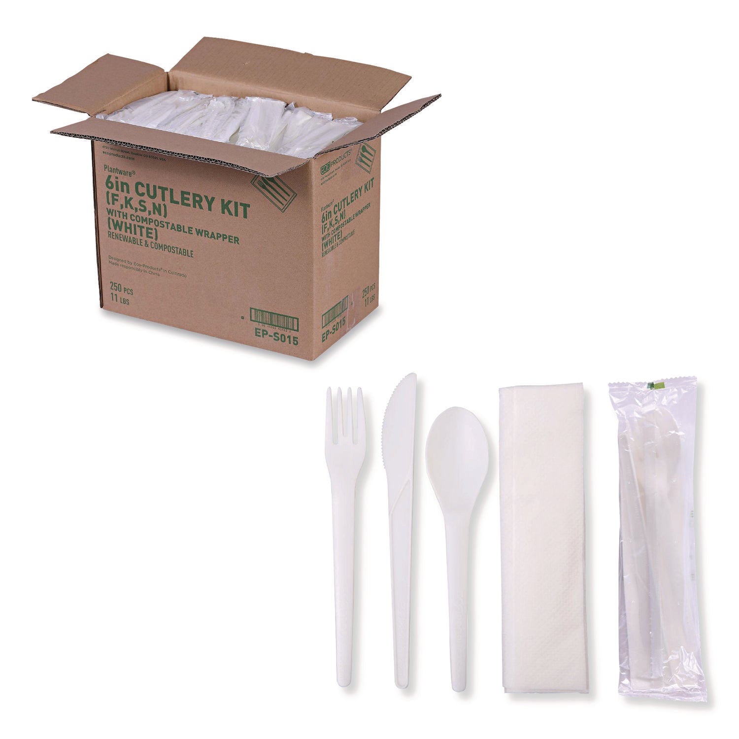 Plantware Compostable Cutlery Kit, Knife/Fork/Spoon/Napkin, 6", Pearl White, 250 Kits/Carton