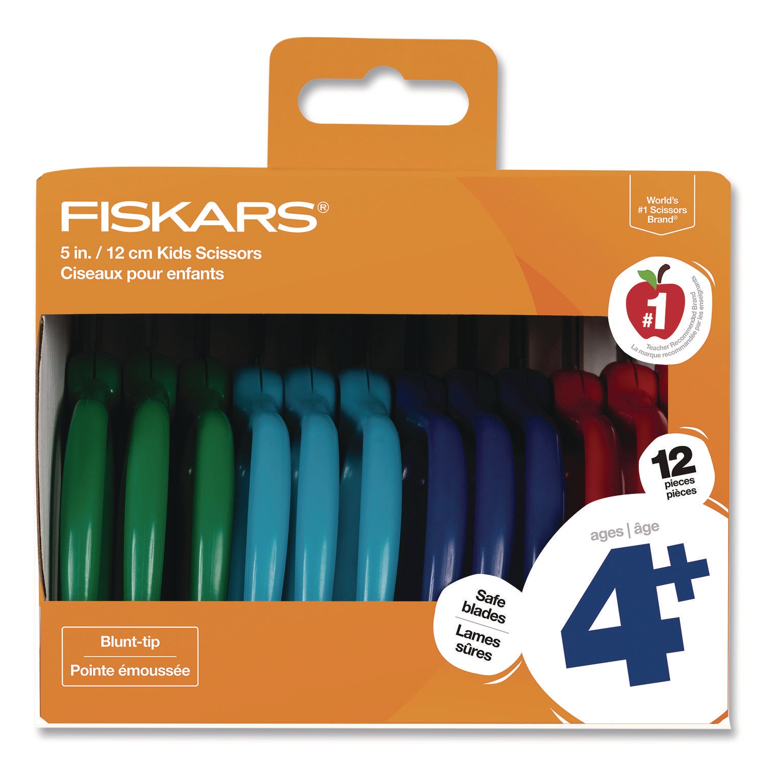 Fiskars 5" Blunt-tip Kids Scissors - Safety Edge Blade - Blunted Tip - Green, Turquoise, Blue, Red - 12 / Pack