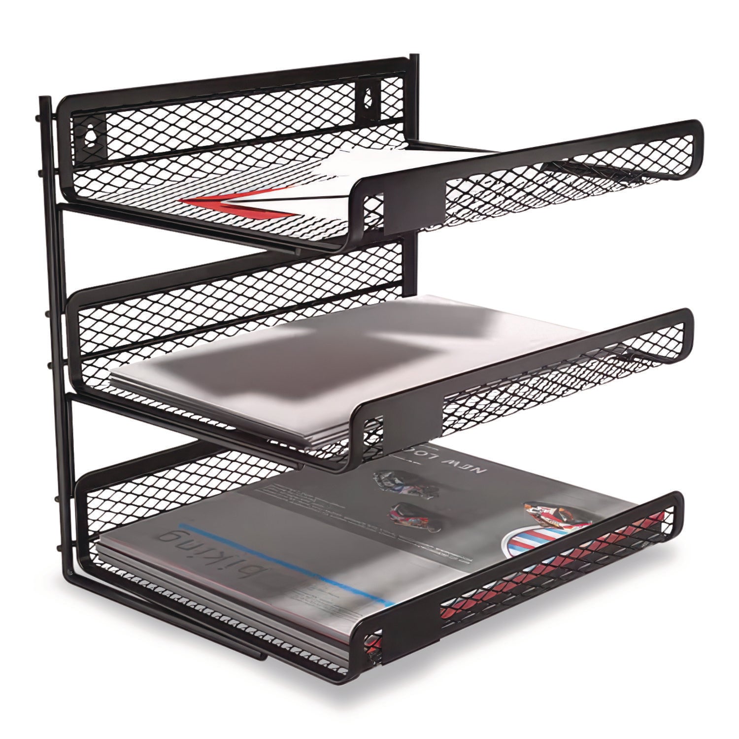 Side-Load Open Design Wire Mesh Horizontal Document Organizer, 3 Sections, Letter-Size, 13.78 x 11.22 x 13.38, Matte Black