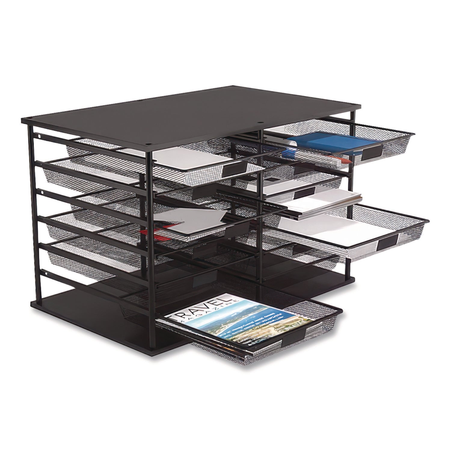 Front-Load Enclosed Wire Mesh Horizontal Document Organizer, 12 Sections, Legal-Size, 24.65 x 15.59 x 16.3, Matte Black